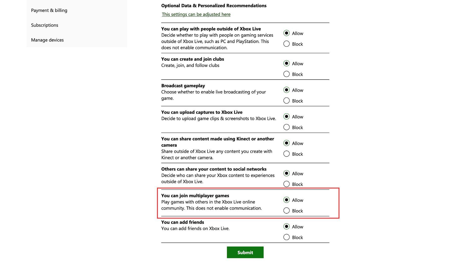 Multiplayer setting in Microsoft account page (Image via Microsoft)